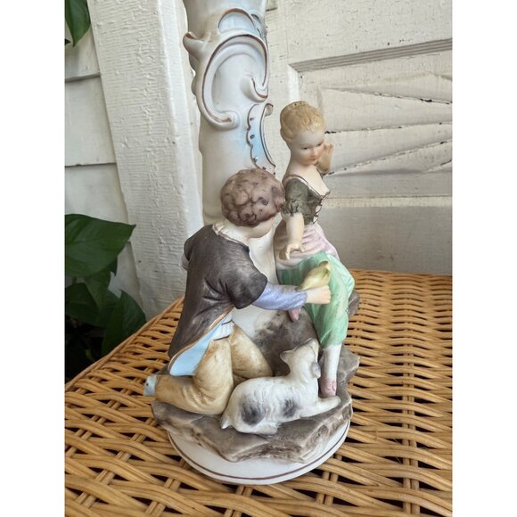 Vintage 50's Bisque Porcelain Figural Couple Candle Holder Lamp Base - Picture 9 of 11